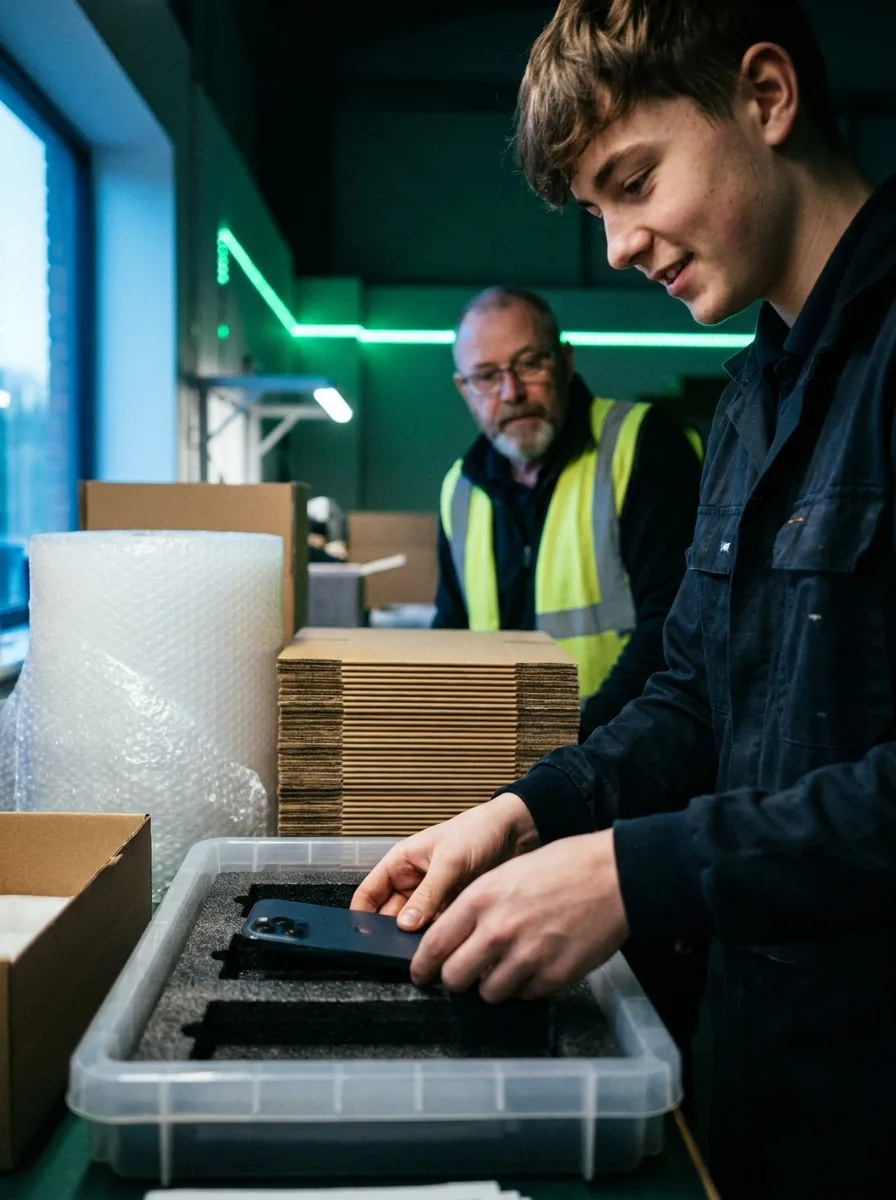 Auszubildender legt ein Smartphone an der Packstation in ein Lagertray