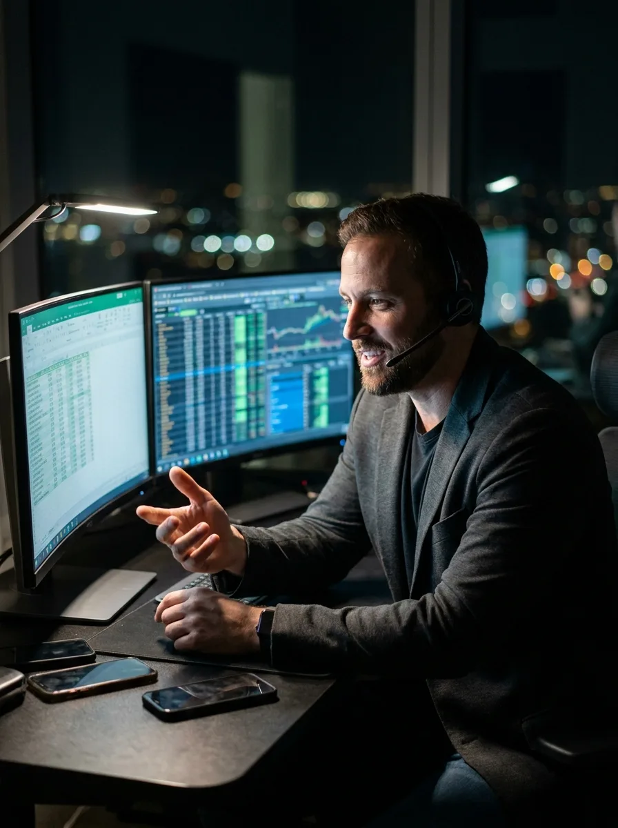 Sales Manager verhandelt iPhone-Großhandelsdeals am Trading-Desk